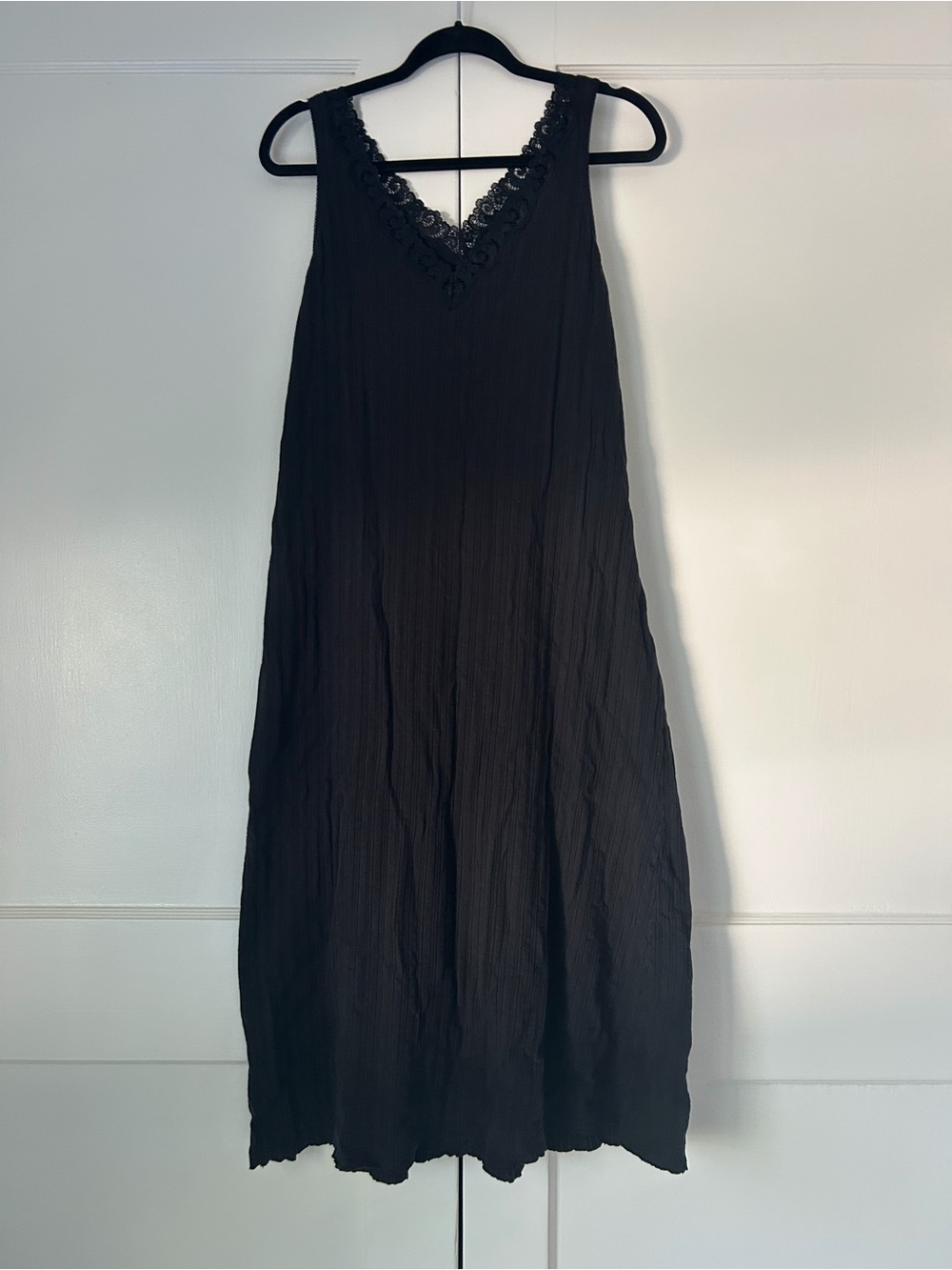 DKNY Sleepwear Lace-Trim Black Crinkle Slip Dress Sleeveless Maxi Midi - Picture 1 of 4